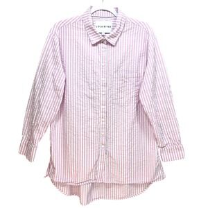 Anthro Lola River Seersucker Striped Button Down Shirt Womens L Oversized Pink